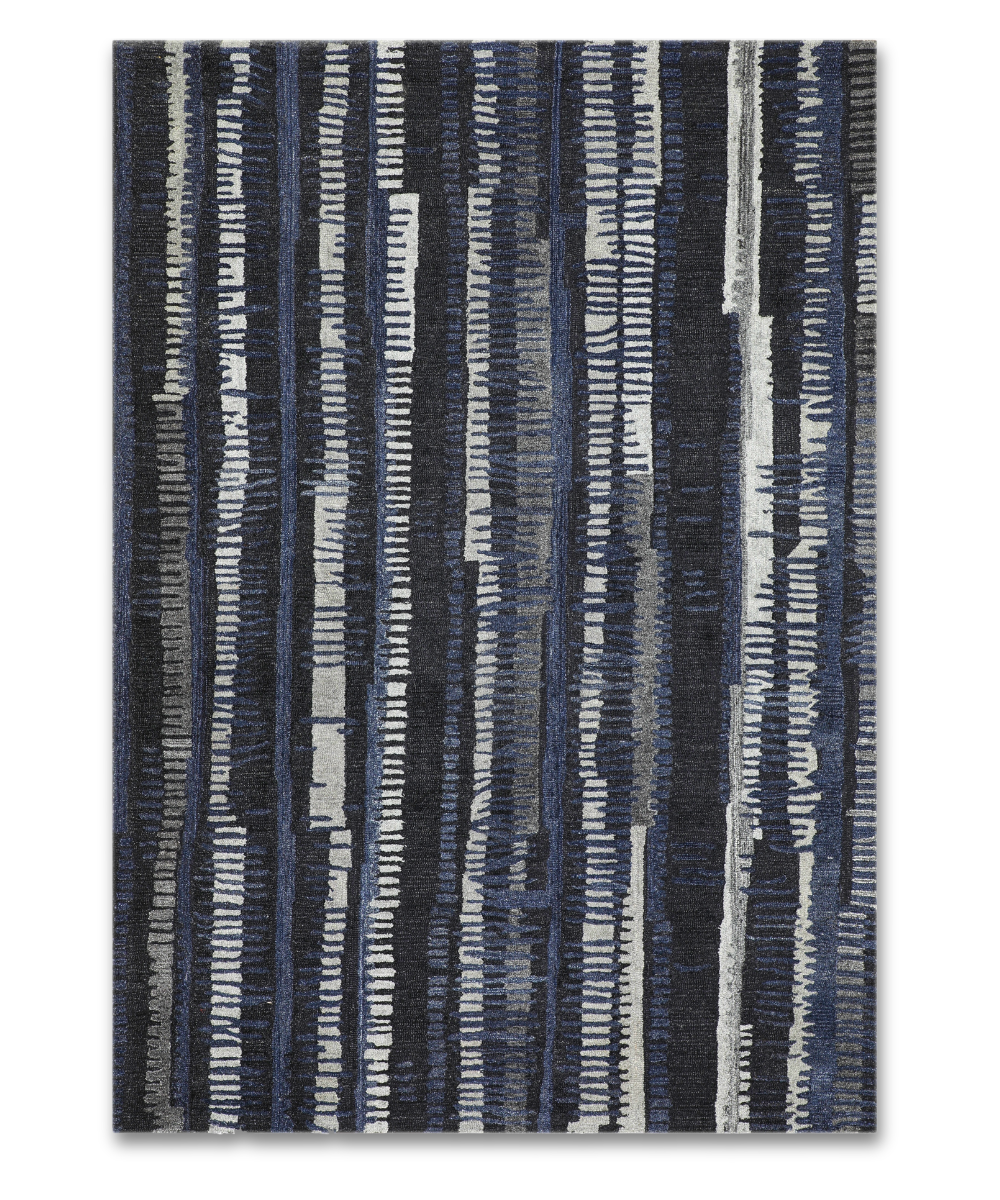 Strata hand tufted wool carpet with bands of dashes in black, navy and ivory