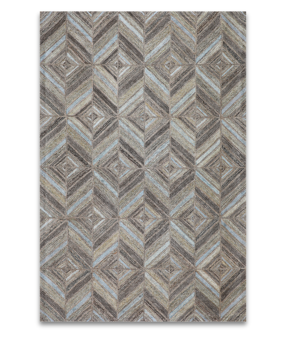 Parquet hand tufted wool carpet with diagonal bands in taupe, sand and pale blue