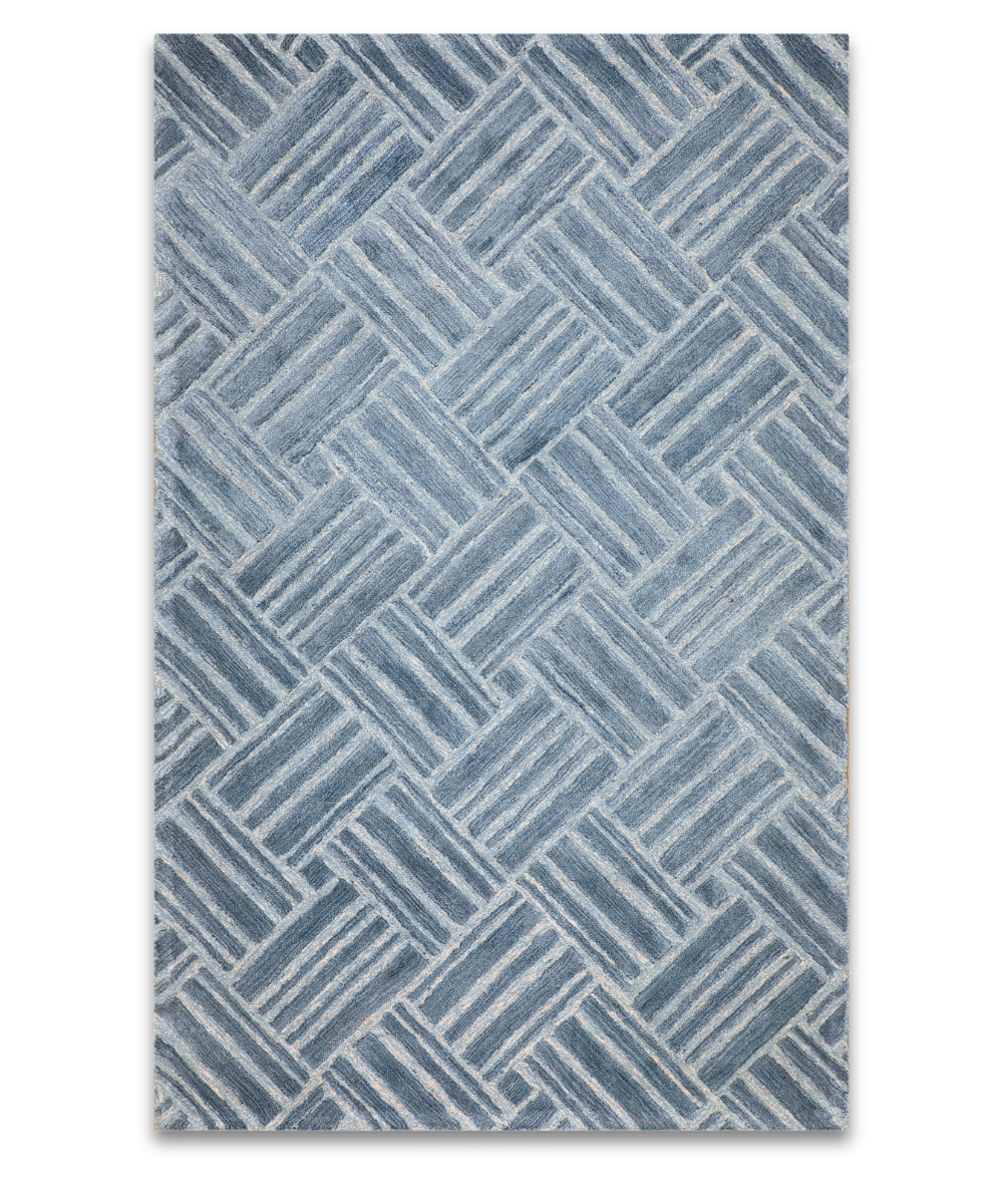 Weave hand tufted wool carpet with a diagonal basketweave in blue