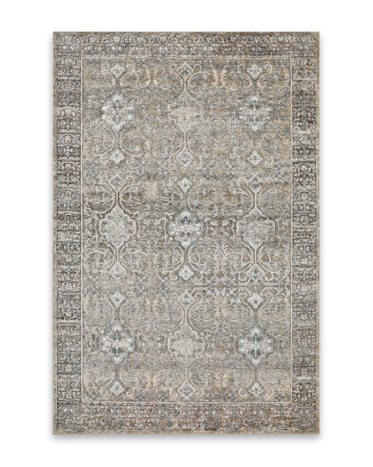Relic hand-knotted viscose carpet in silver and gold, 6 x 9 ft