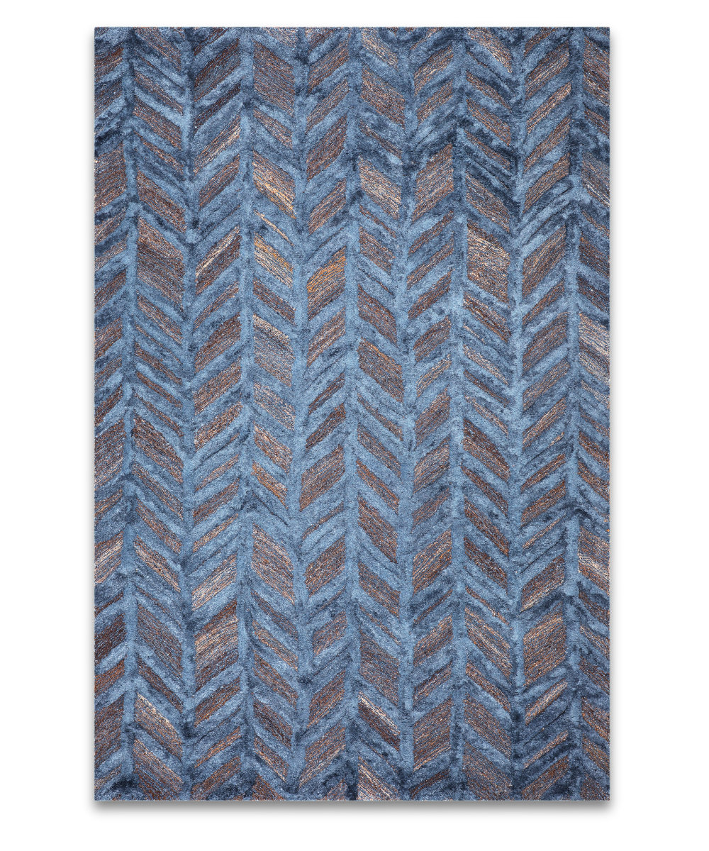Chevron hand tufted wool and viscose carpet with blue herringbone columns over copper brown
