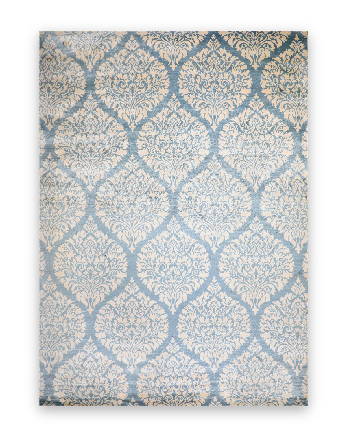 Ottoman hand-knotted viscose carpet in ivory and blue, 9 x 12 ft