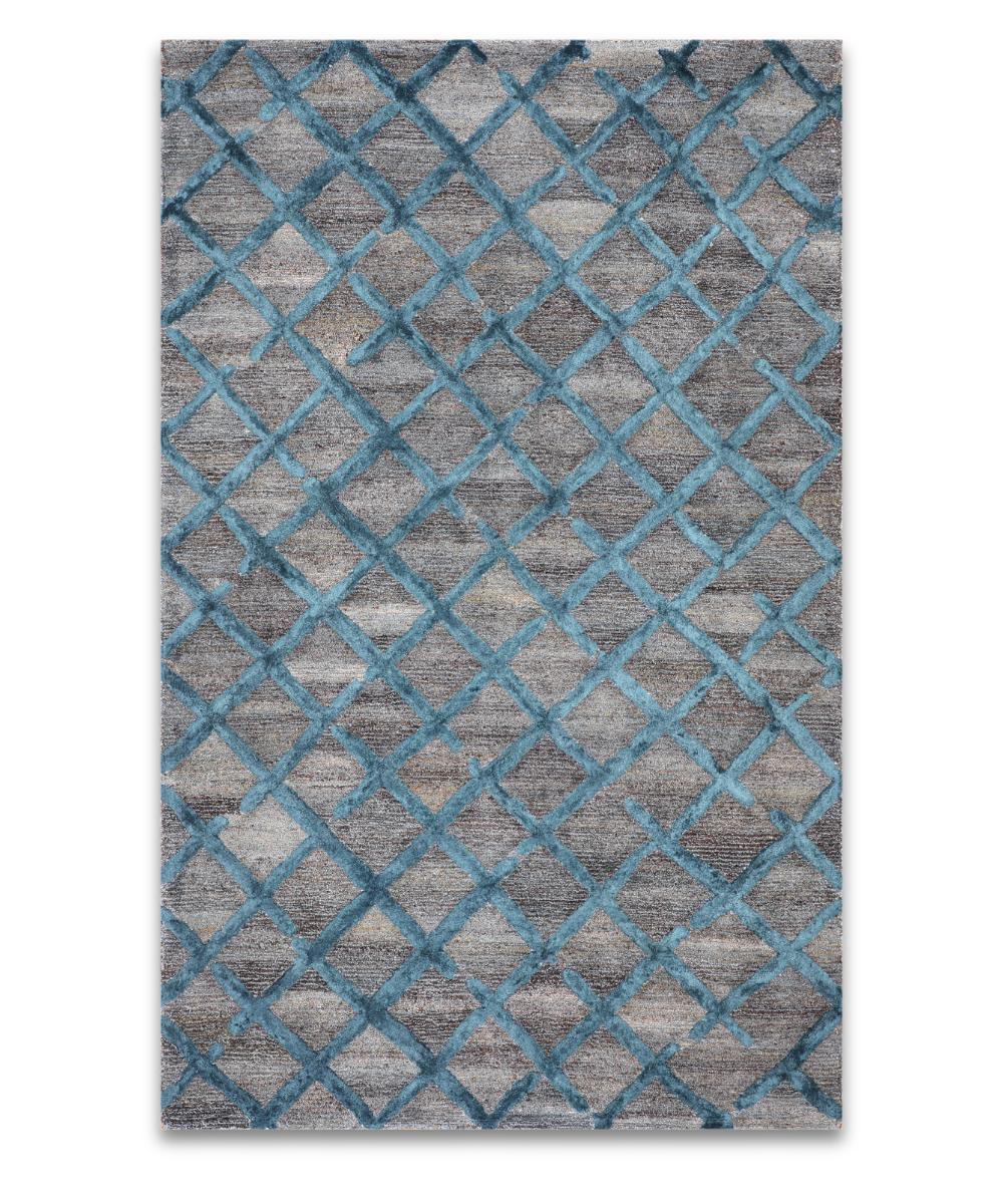 Trellis hand tufted wool and viscose carpet with a turquoise lattice on grey