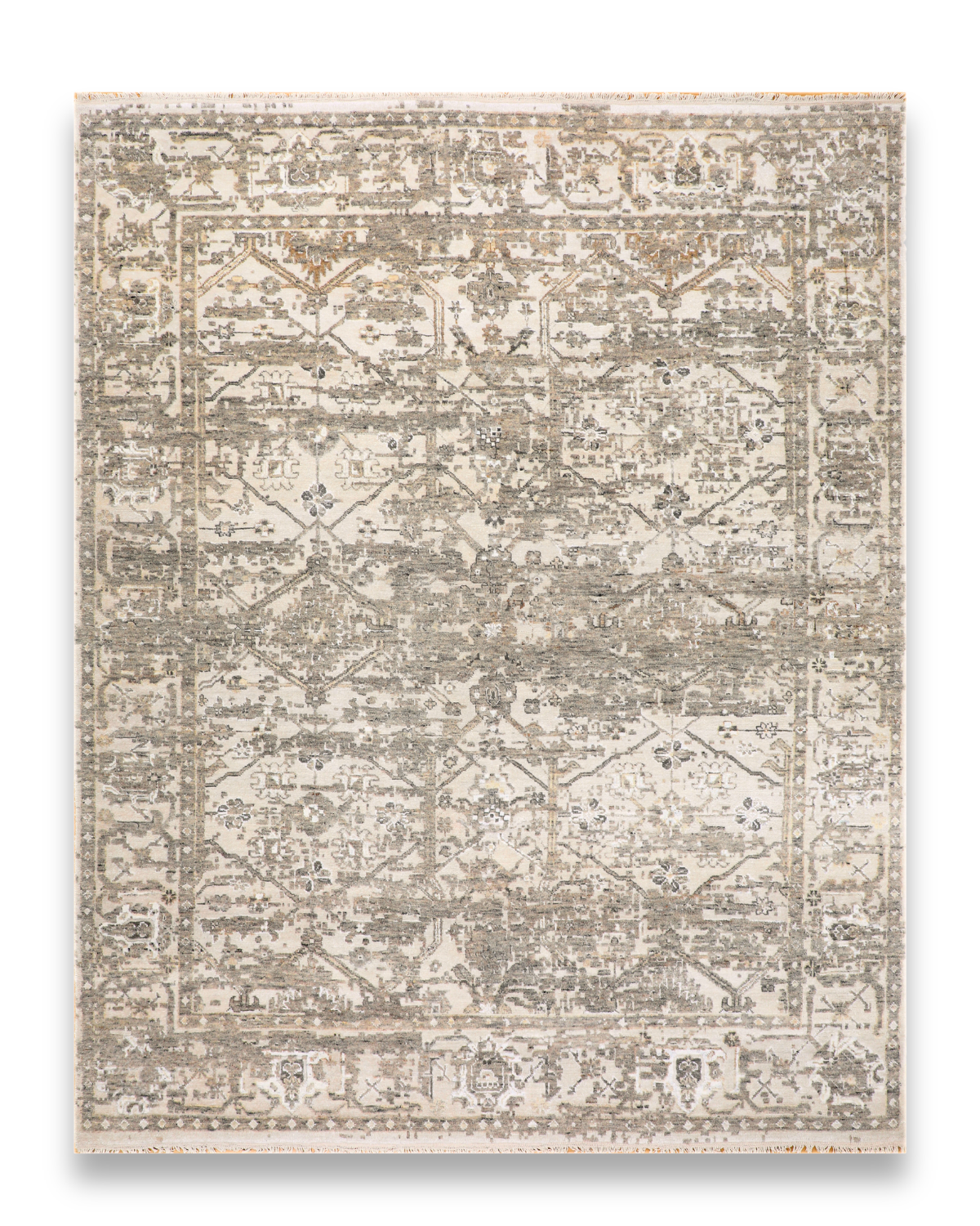 Erosion hand-knotted silk carpet in silver and grey, 8 x 10 ft