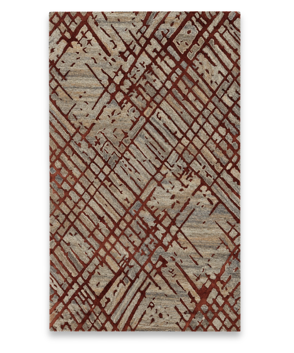 Plaid hand tufted New Zealand wool carpet with a brick red diagonal crosshatch on grey and beige