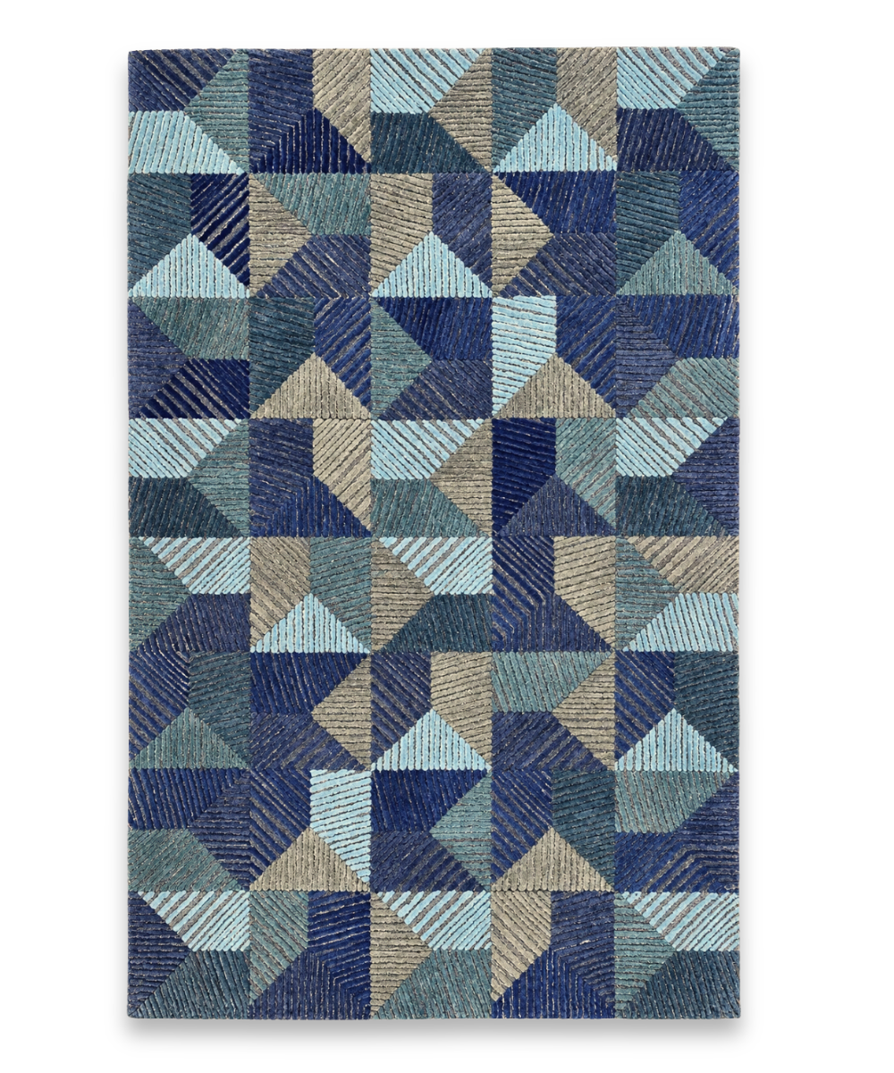 Tangram hand tufted New Zealand wool carpet with lined triangles in navy, teal, aqua and taupe