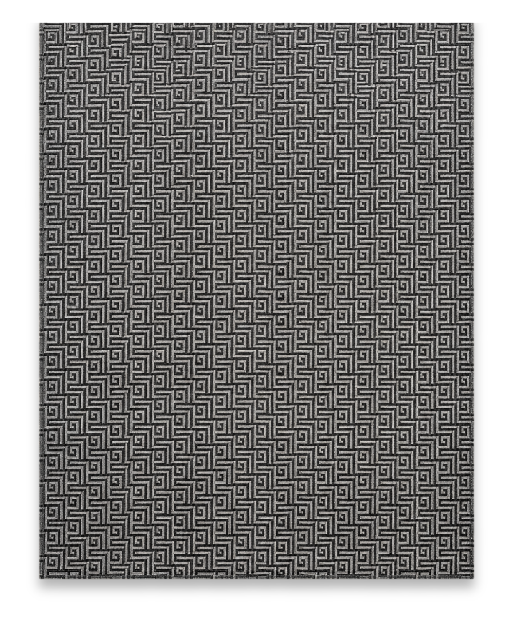 Ionic hand knotted New Zealand wool and viscose carpet with a Greek key in charcoal and grey