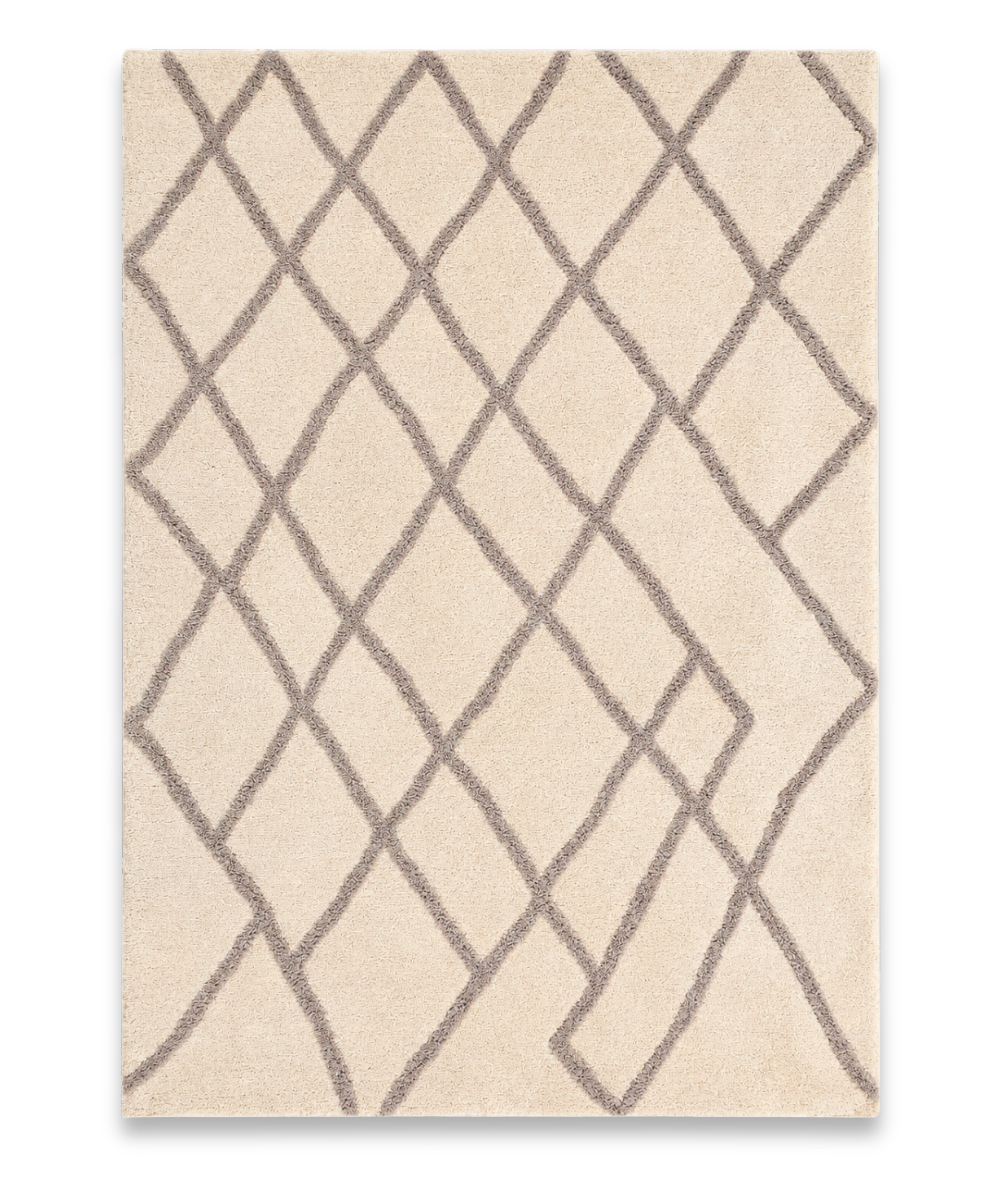 Berber hand tufted faux fur carpet with taupe diamond trellis on cream