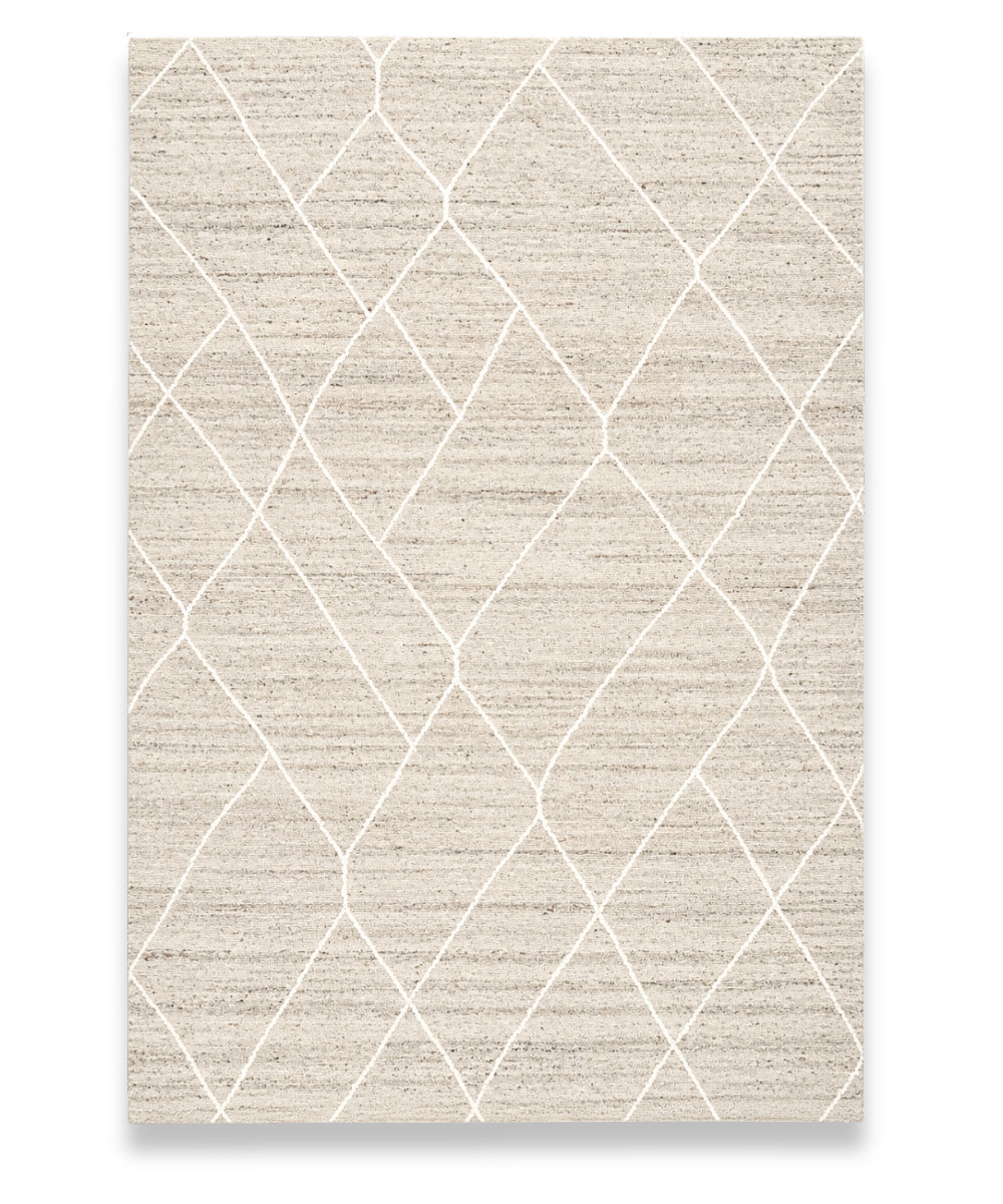 Bisque hand tufted handspun wool carpet with an ivory diamond trellis on oat beige
