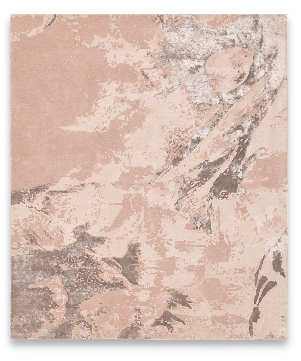 Blush hand tufted wool and bamboo silk carpet with pink and taupe painterly wash