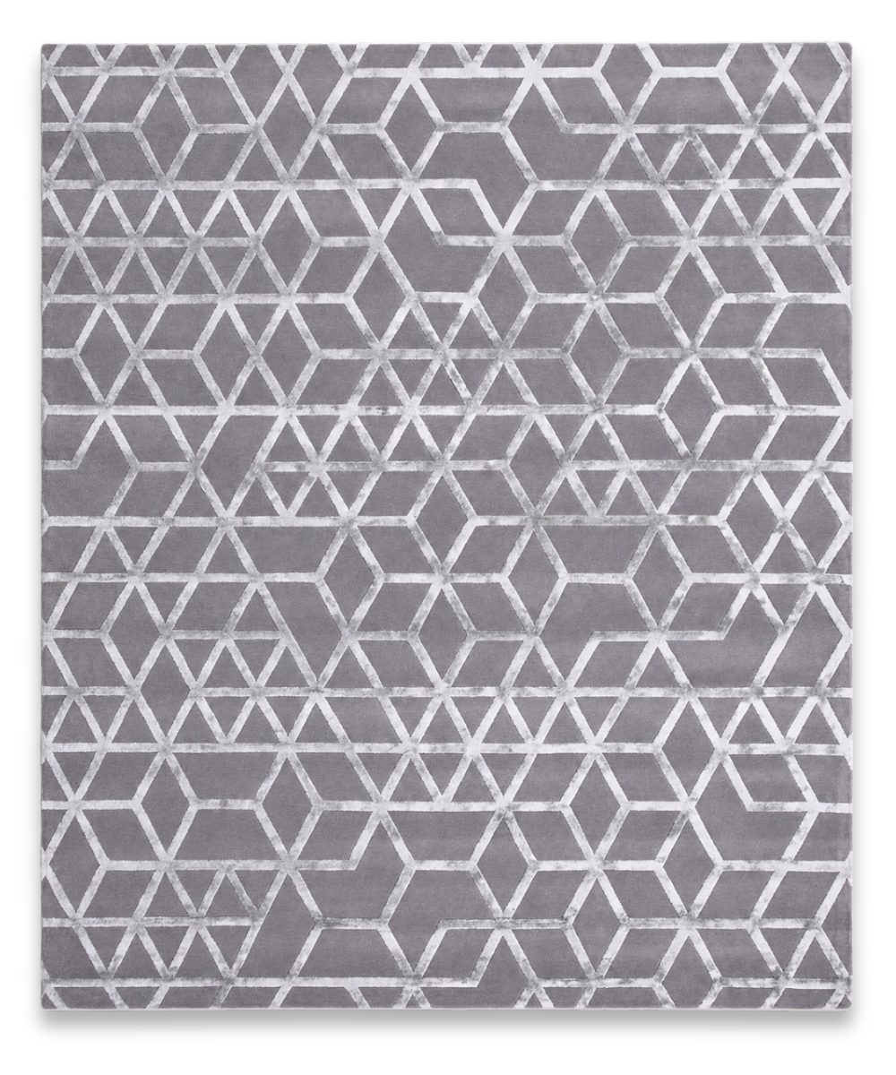 Cube hand tufted wool and bamboo silk carpet with silver cube lattice on grey