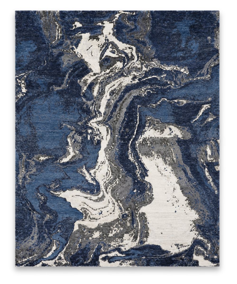 Current hand knotted New Zealand wool and viscose carpet in navy and ivory