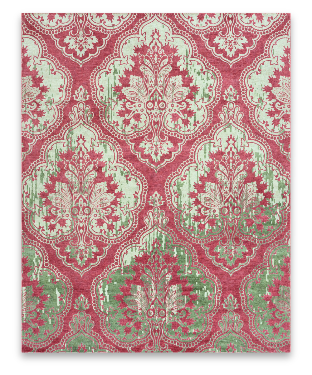 Damask hand knotted viscose carpet in raspberry and mint