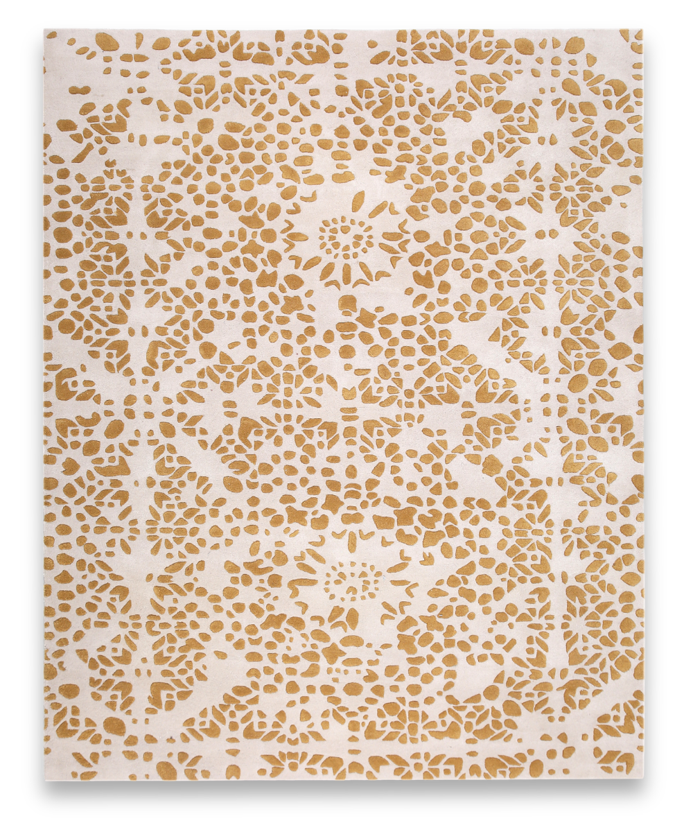 Gold Leaf hand tufted New Zealand wool carpet with ochre gold medallion on pale blush