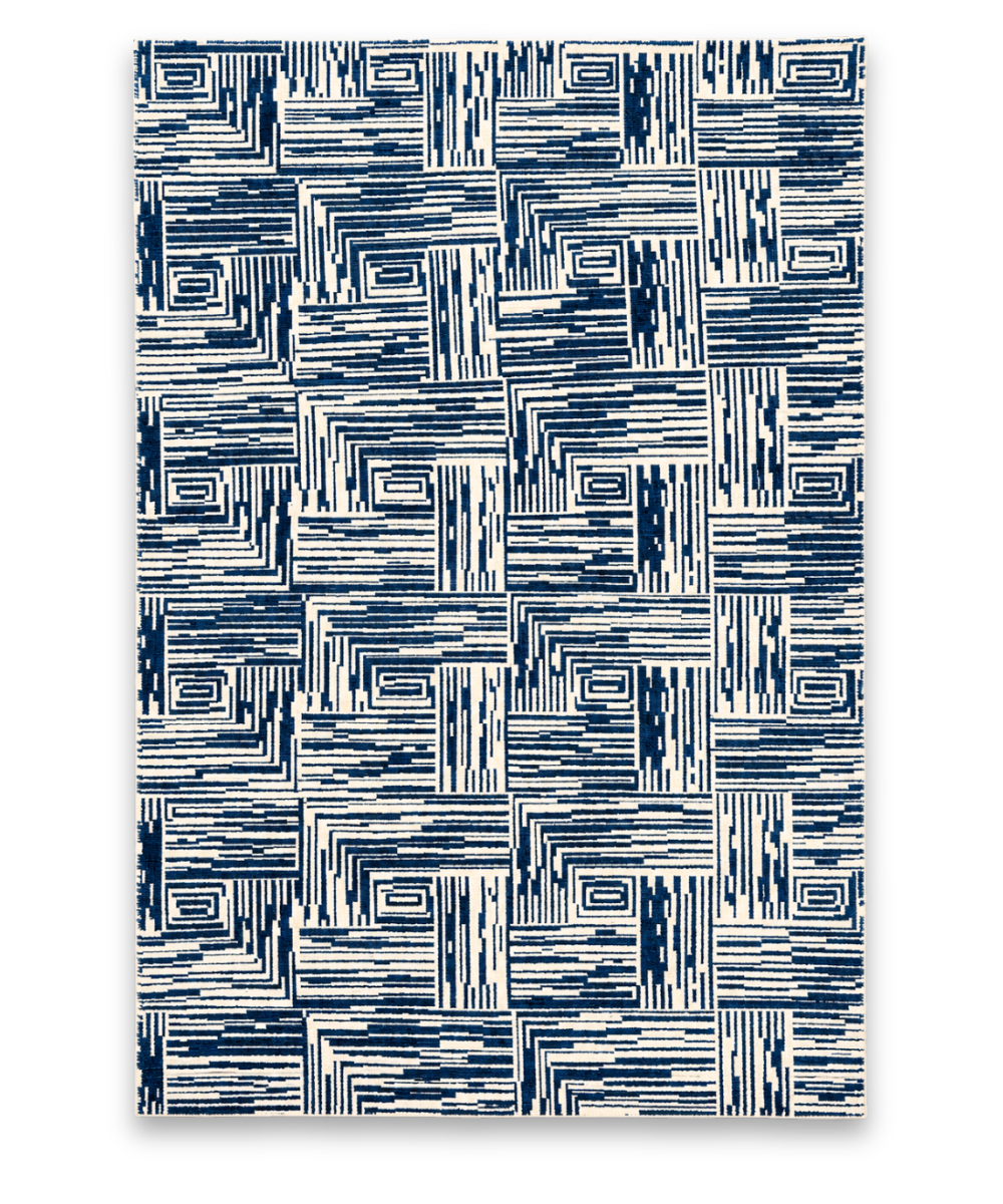 Ledger hand knotted New Zealand wool carpet in navy and ivory