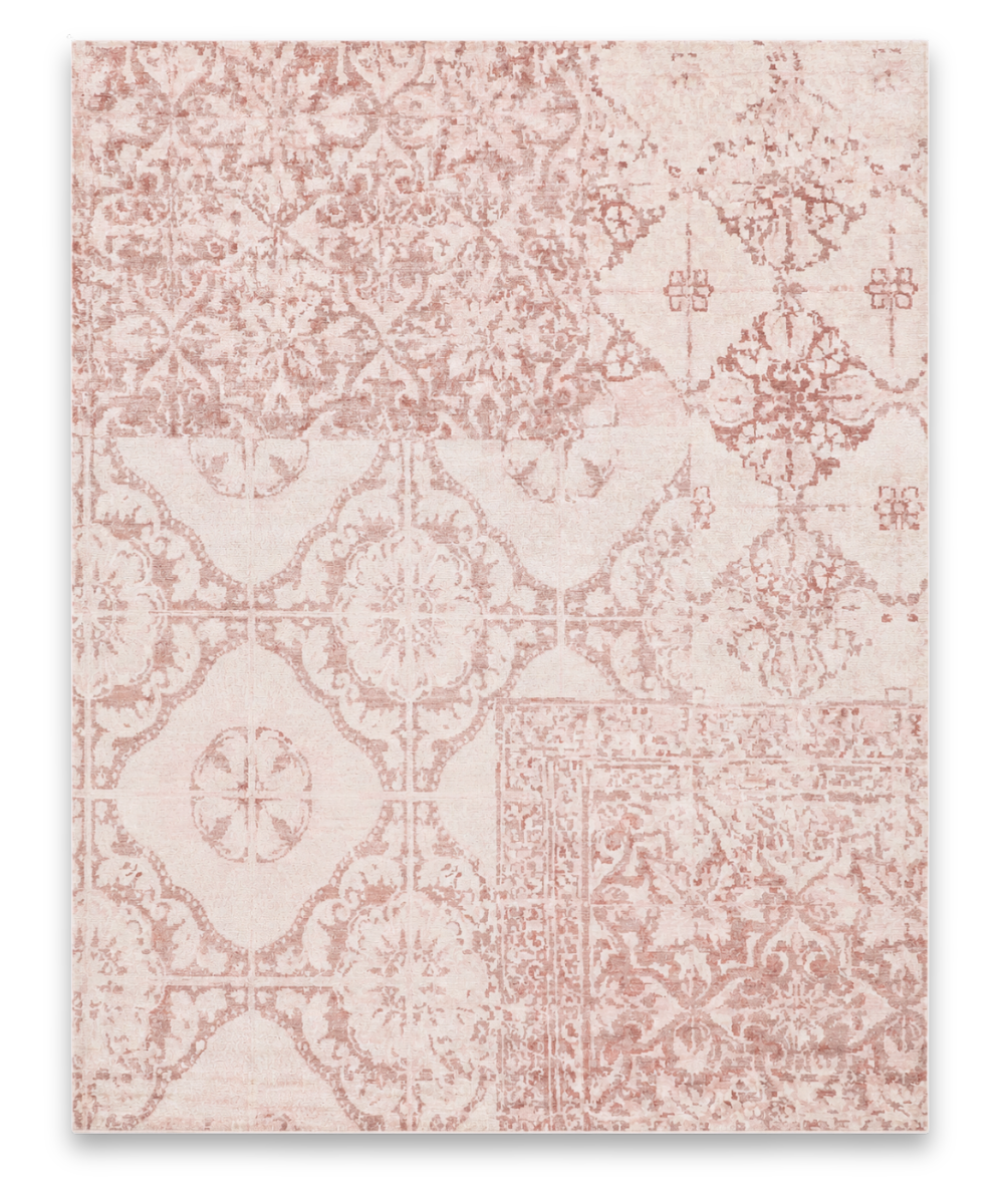 Patchwork hand knotted viscose carpet in blush and dusty rose