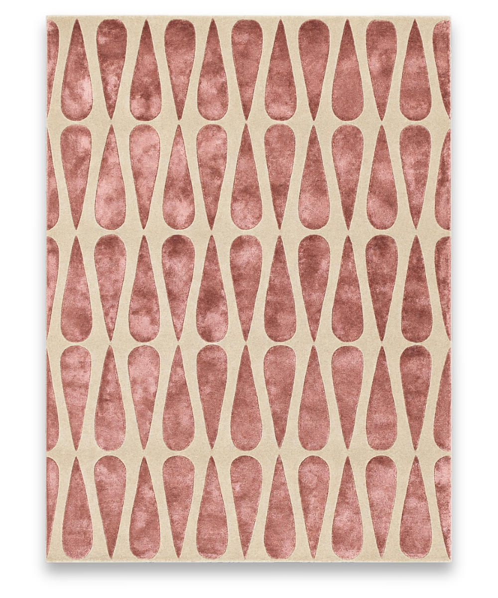 Petal hand tufted wool and bamboo silk carpet with dusty rose teardrops on sand