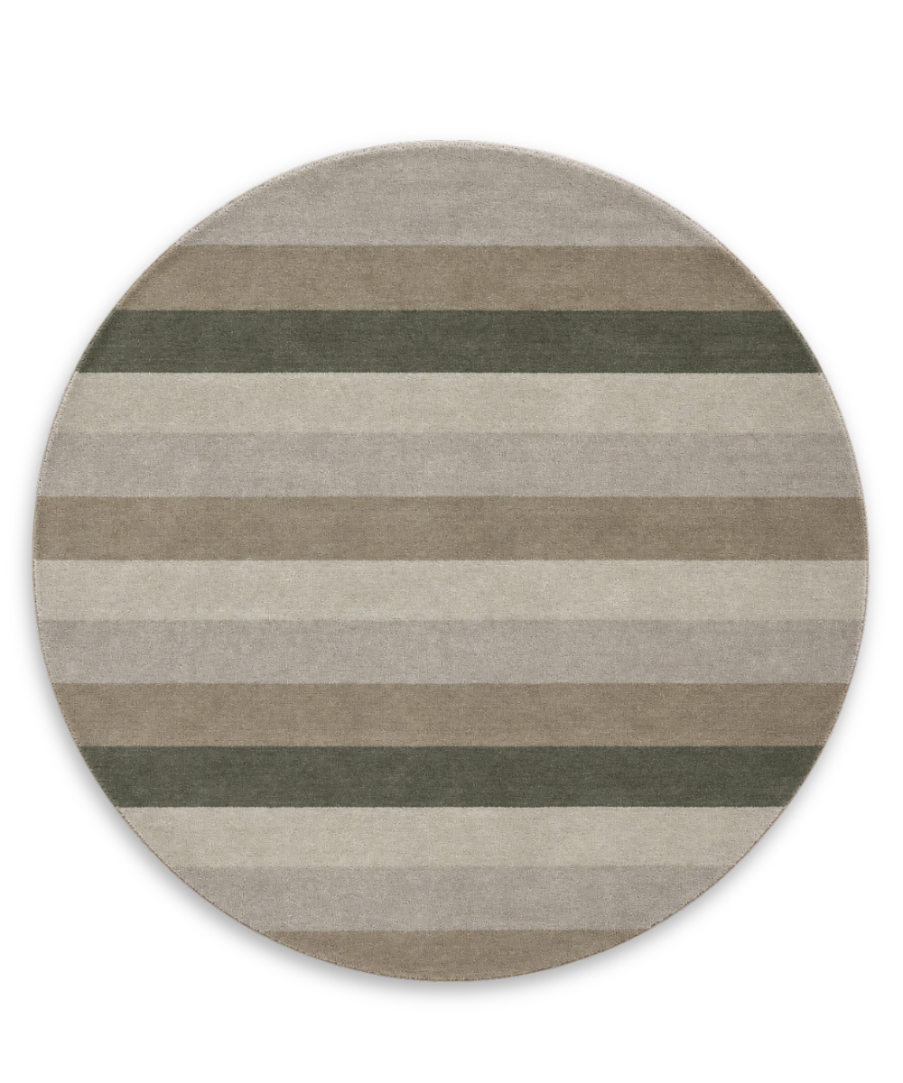 Pinstripe round hand tufted wool carpet with stone, taupe and moss green stripes