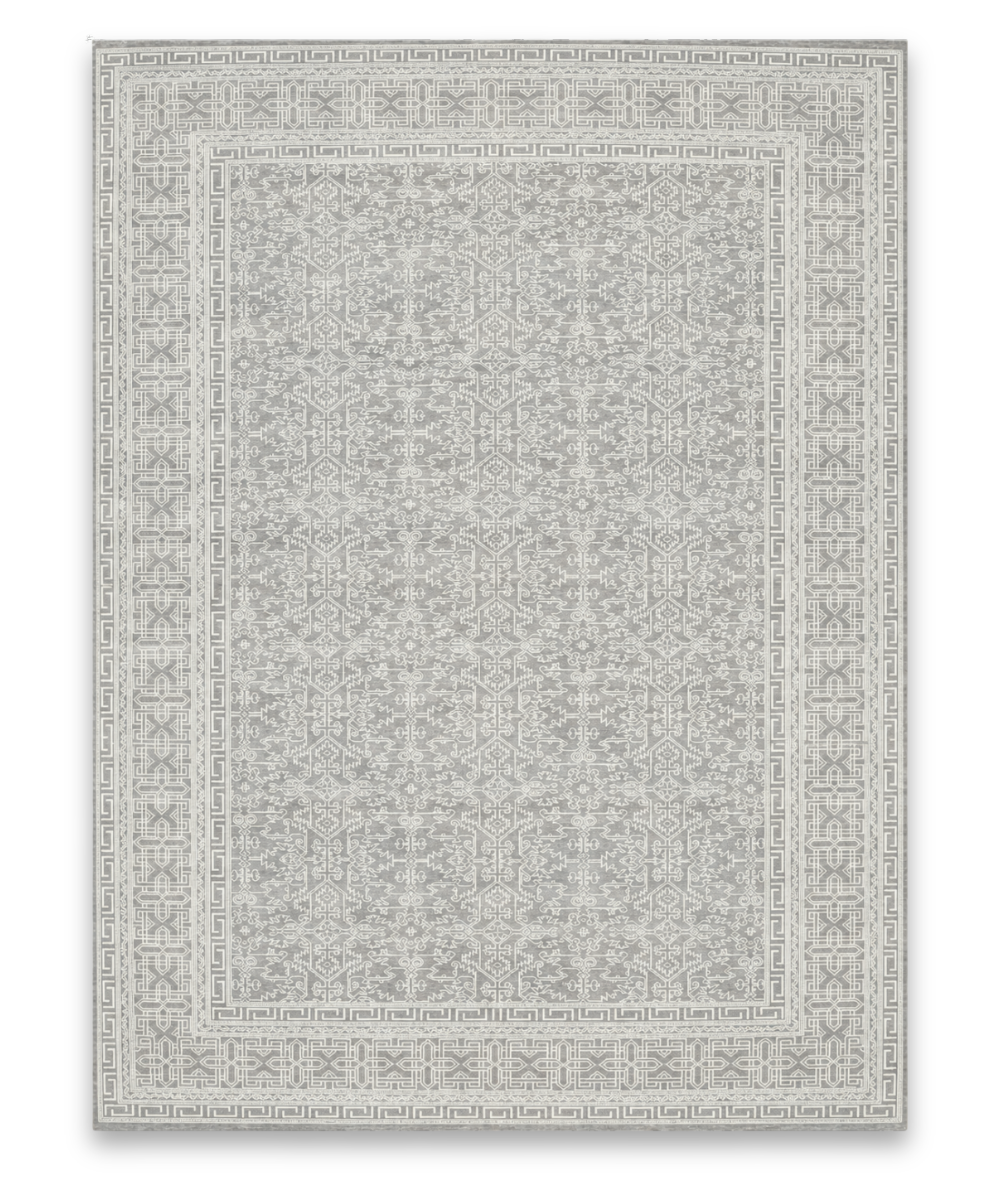 Pumice hand knotted New Zealand wool and viscose carpet in light grey and silver