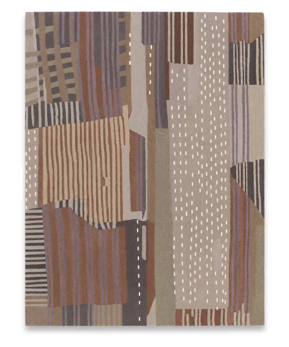 Stitch hand tufted wool carpet with striped panels in rust, brown and taupe