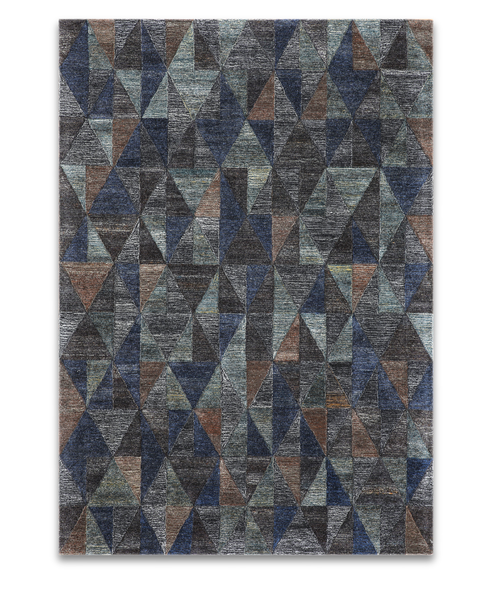 Tessera hand tufted wool carpet with a triangle mosaic in charcoal, navy and copper brown