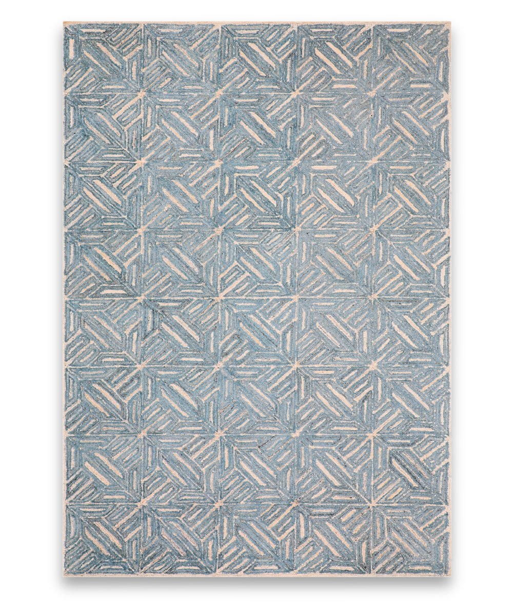 Basket hand tufted wool carpet with ivory woven-look squares on light blue