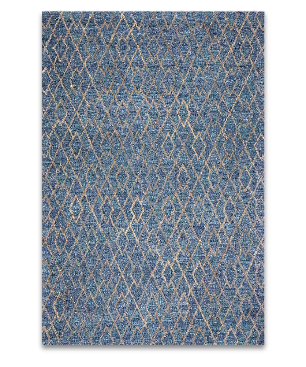 Atlas hand tufted wool carpet with a sand diamond lattice on denim blue