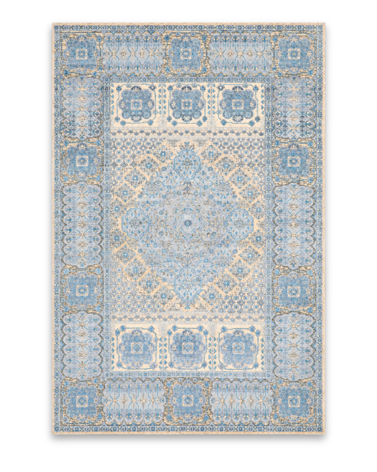 Heirloom hand-knotted wool and viscose carpet in ivory and blue, 6 x 9 ft