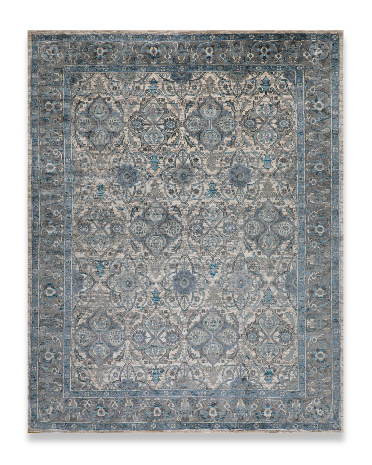 Faience hand-knotted silk carpet in grey and light blue, 8 x 10 ft