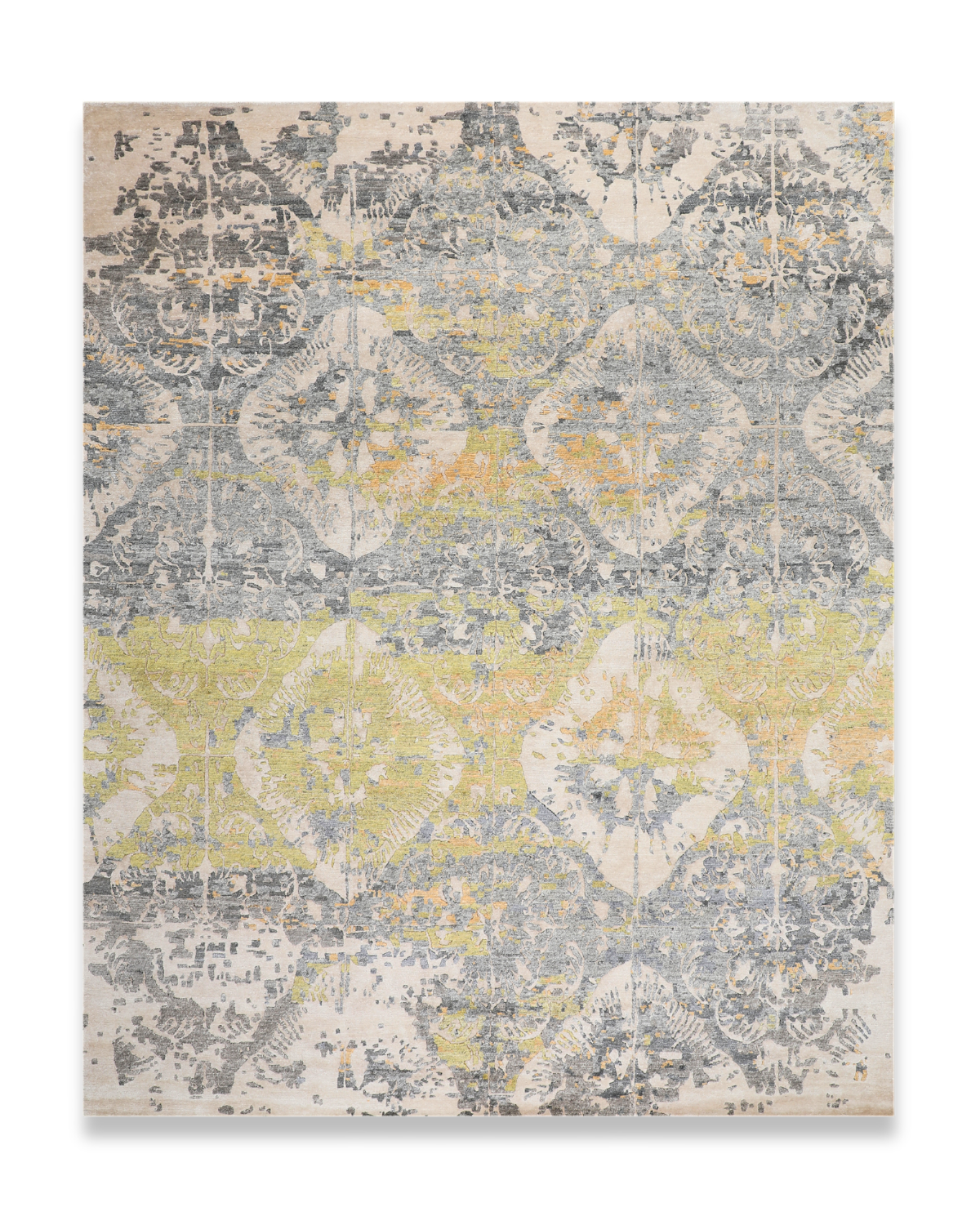 Ochre hand-knotted wool and viscose carpet in ivory and gold, 8 x 10 ft