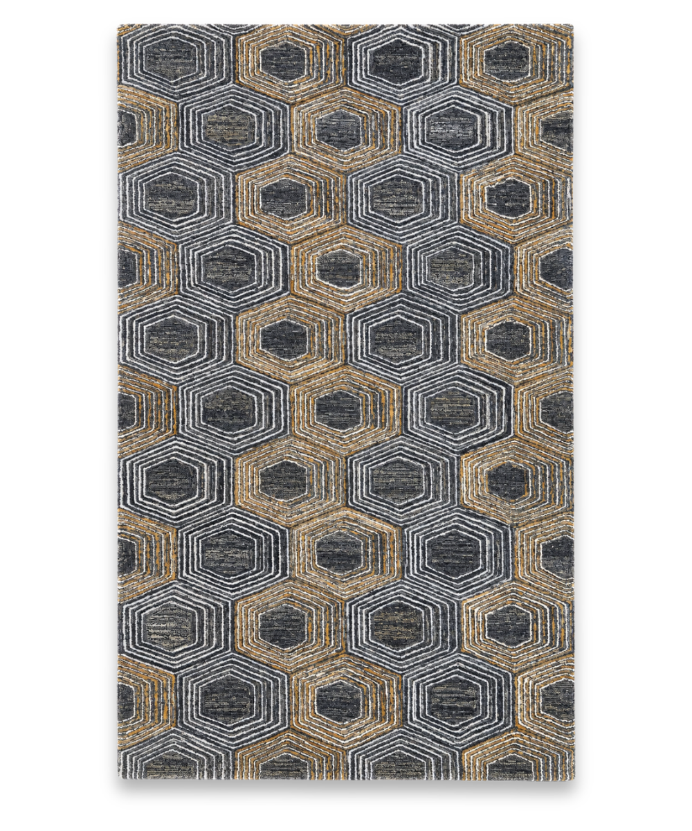 Apiary hand tufted New Zealand wool carpet with nested hexagons in charcoal and ochre