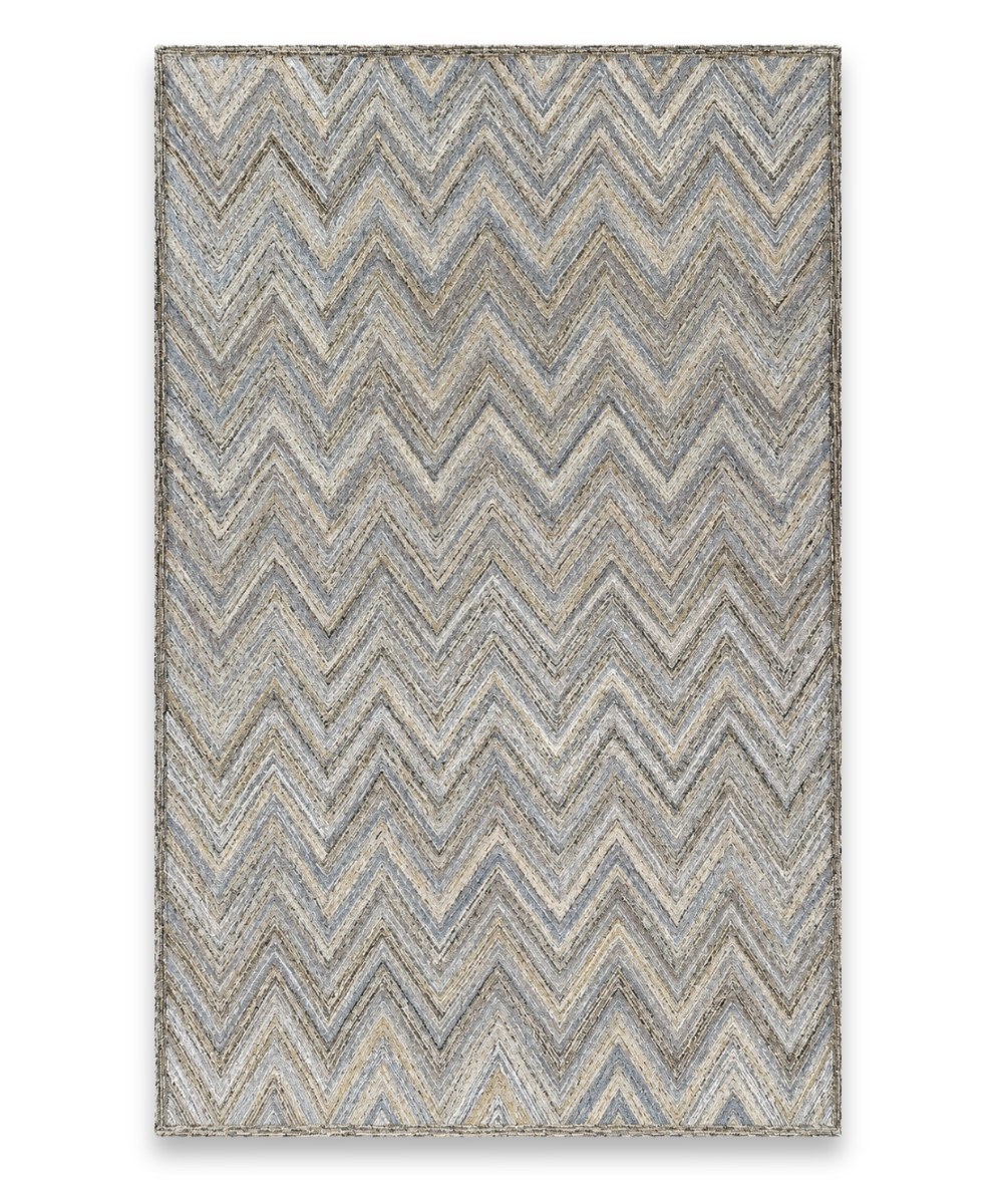 Flamestitch hand tufted New Zealand wool carpet with zigzag bands in grey, sand and soft blue