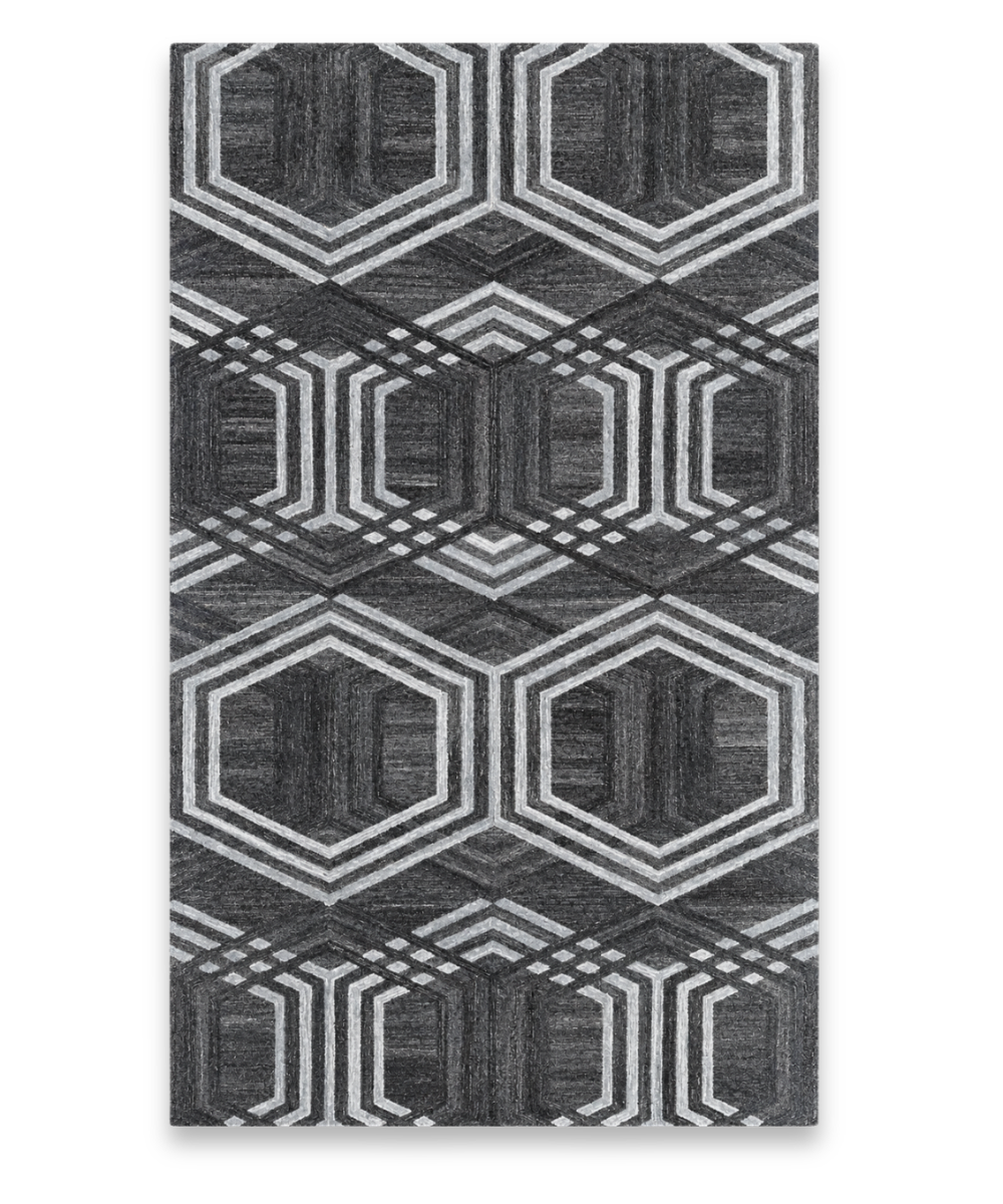 Foundry hand tufted New Zealand wool carpet with silver hexagons on charcoal
