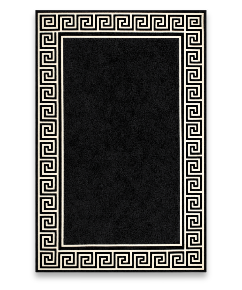 Frame hand tufted bamboo silk carpet with a black field and ivory Greek key border