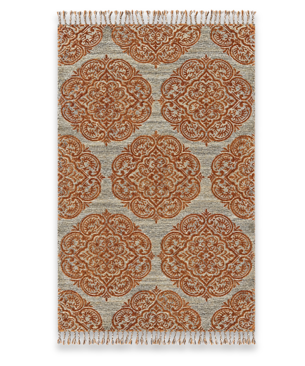 Kalamkari hand tufted New Zealand wool carpet with rust medallions on grey and a knotted fringe