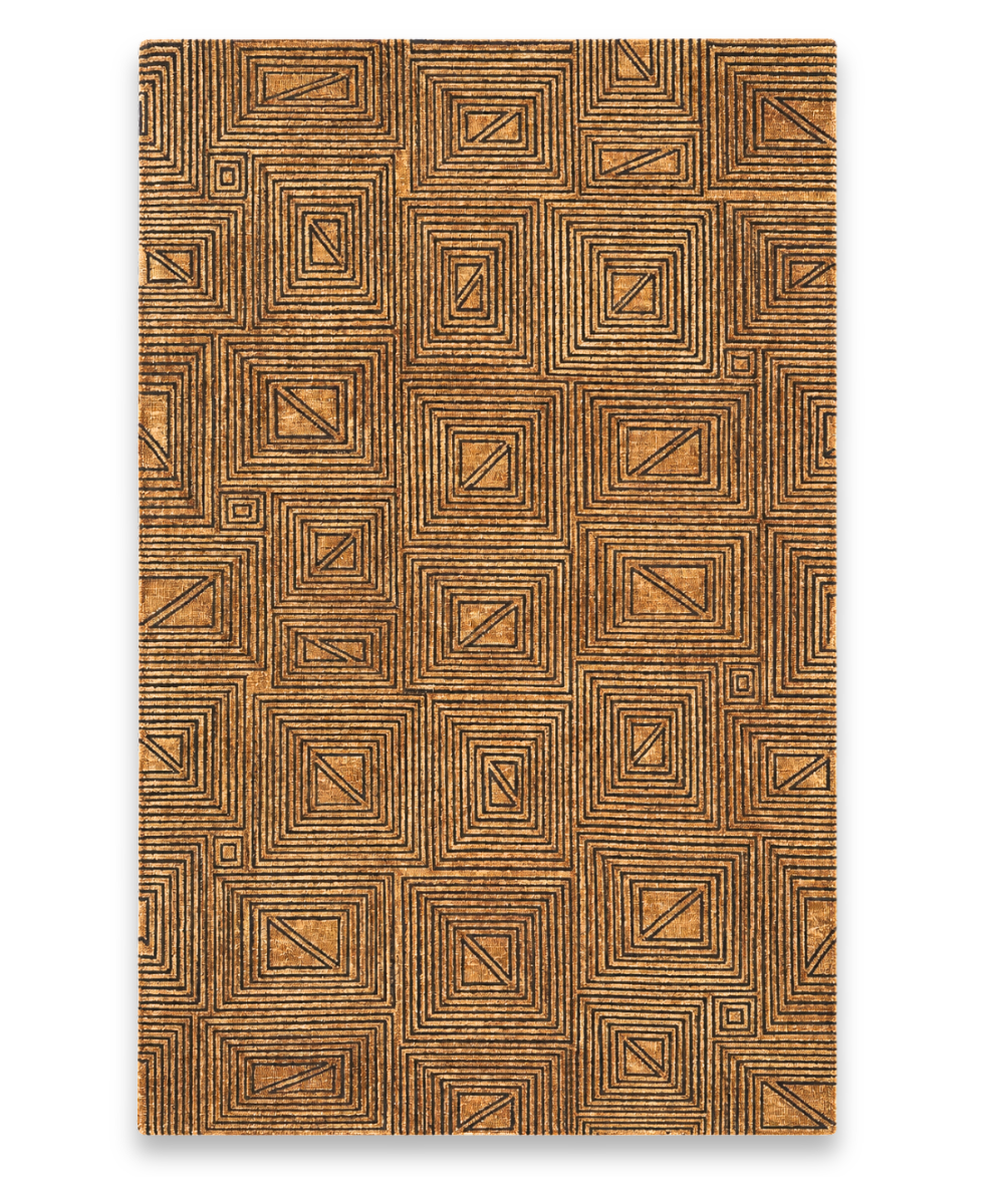 Kufic hand tufted New Zealand wool carpet with brown concentric squares on amber