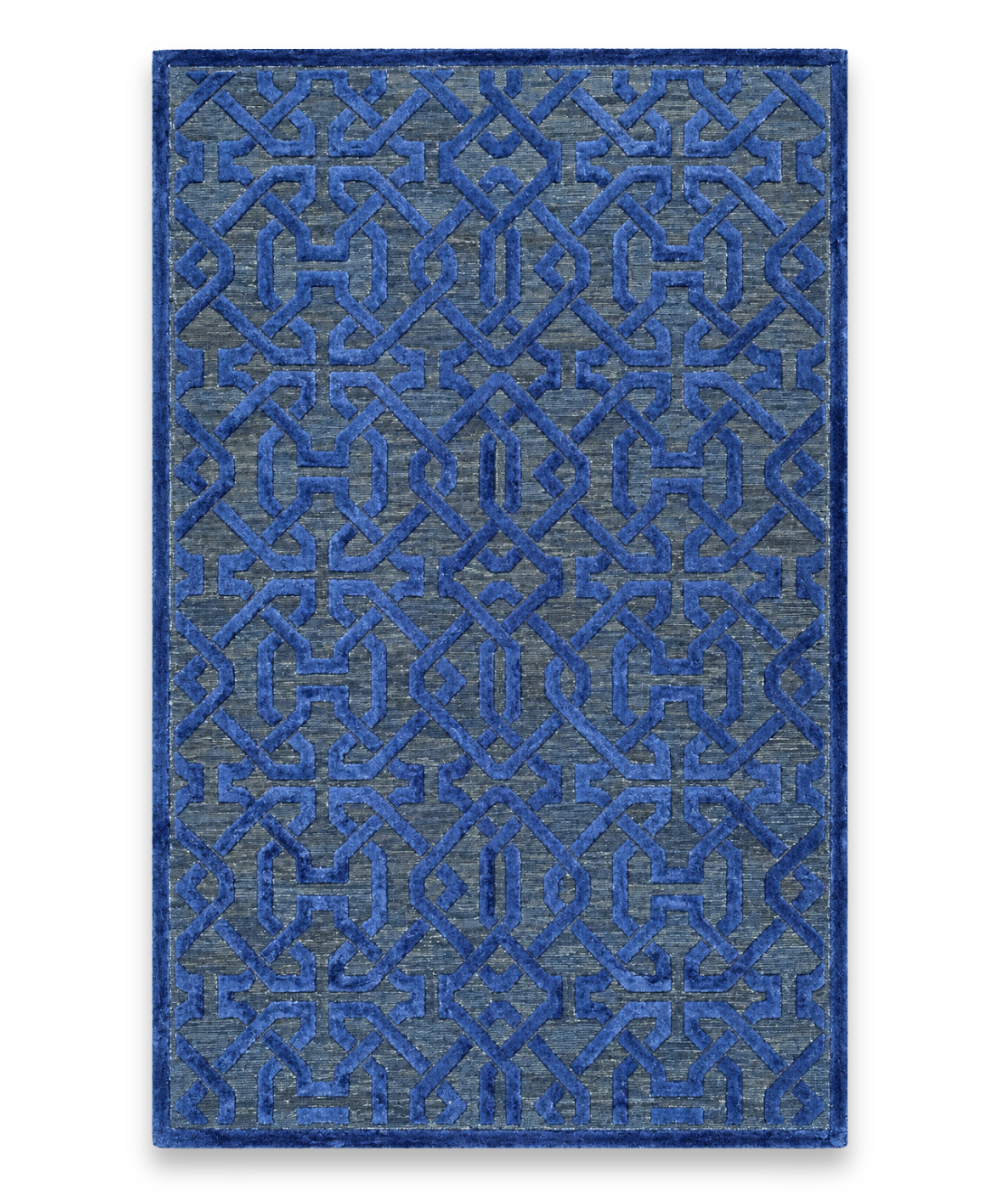 Smalt hand tufted New Zealand wool carpet with a cobalt blue interlaced lattice on slate