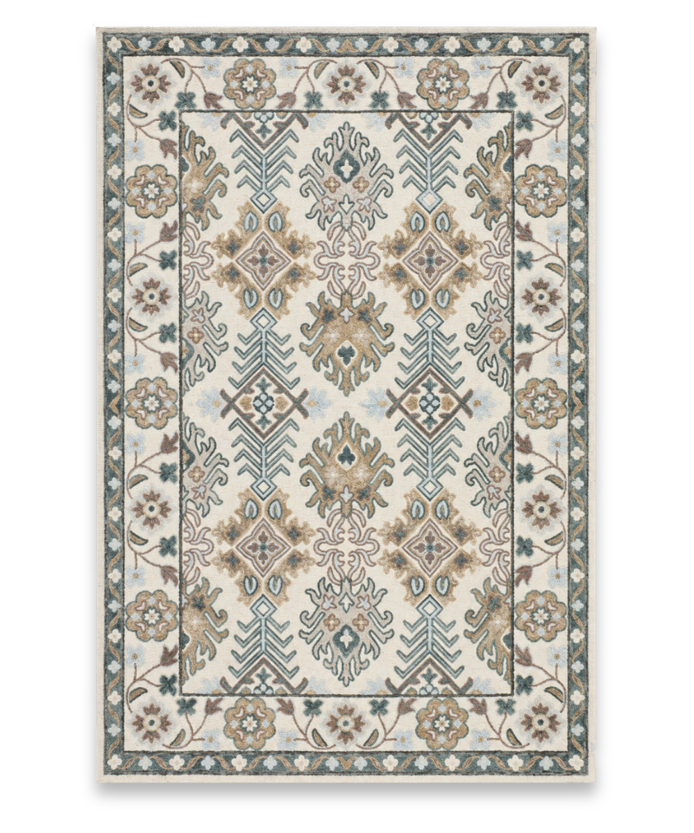 Bageecha hand tufted wool carpet with teal and tan palmettes on ivory and a rosette border