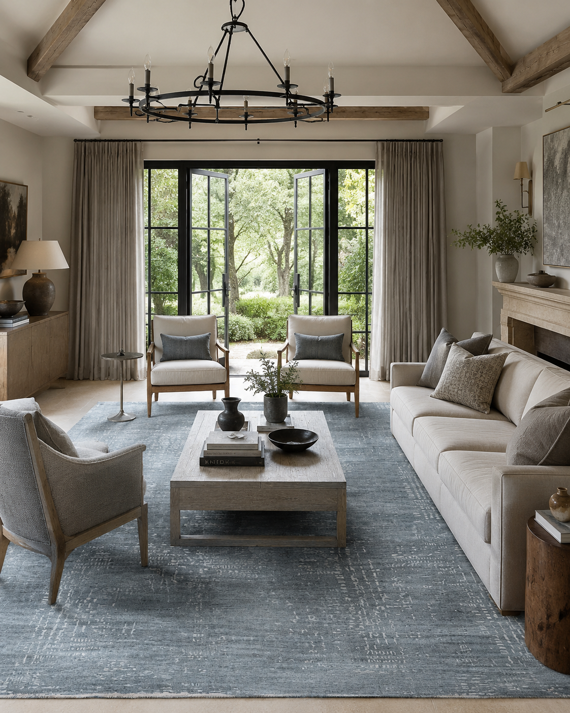 Lagoon carpet in a living room with a cream sofa and garden doors