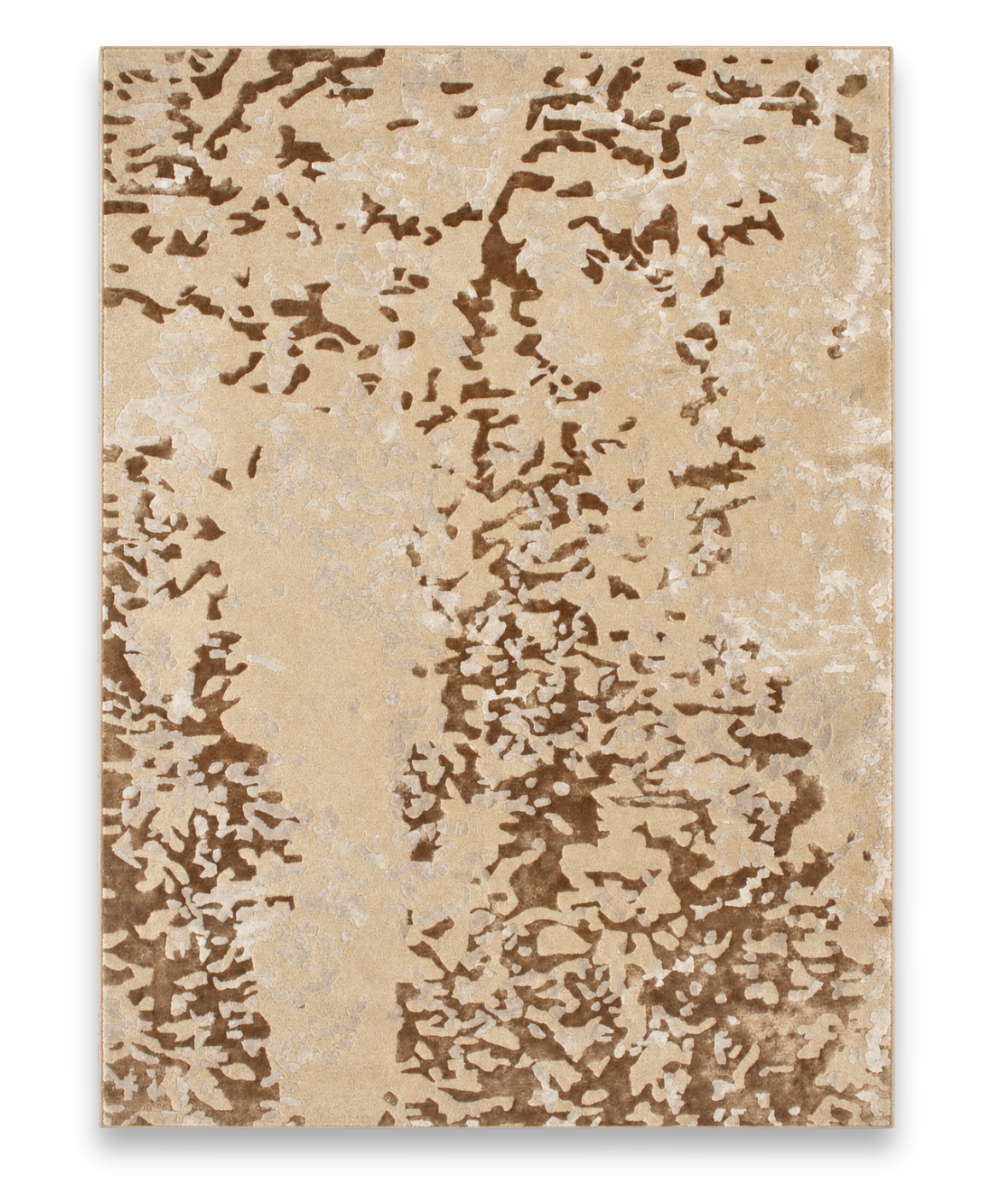 Bark hand tufted wool and bamboo silk carpet with brown bark texture on golden sand