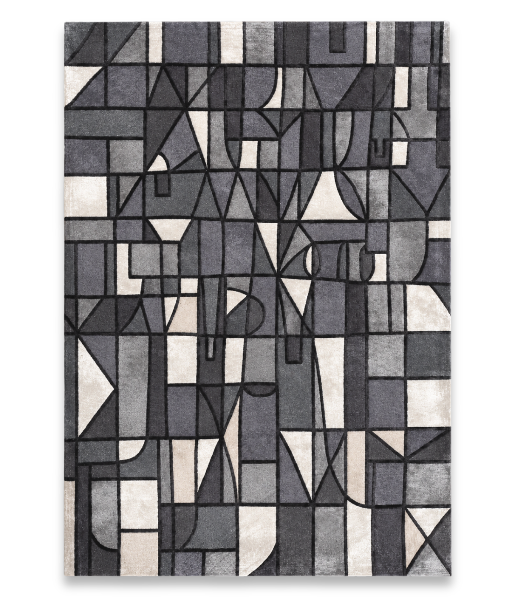 Cubist hand tufted bamboo silk carpet with fractured geometric shapes in grey and ivory