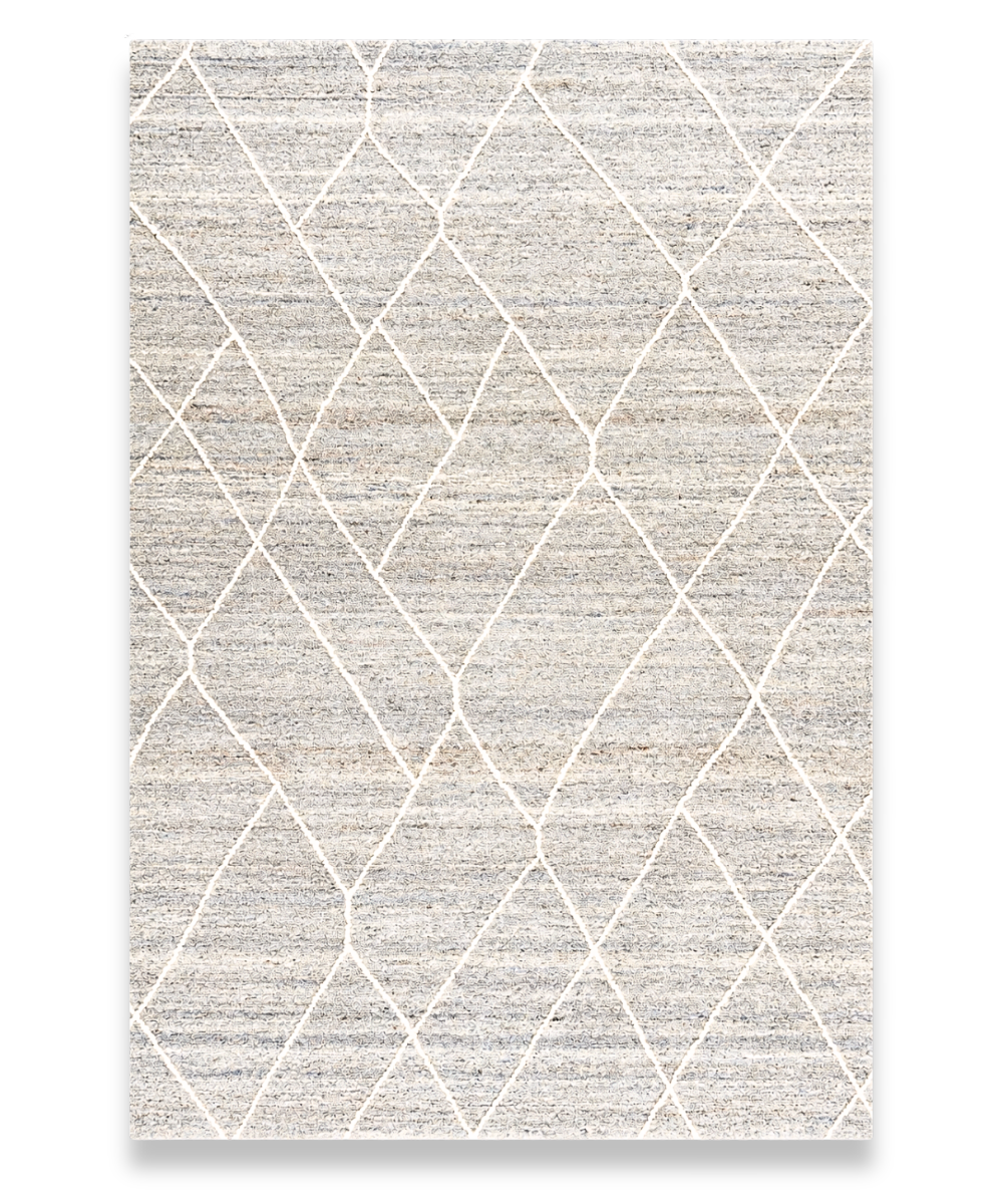 Dove hand tufted handspun wool carpet with an ivory diamond trellis on silver-greige