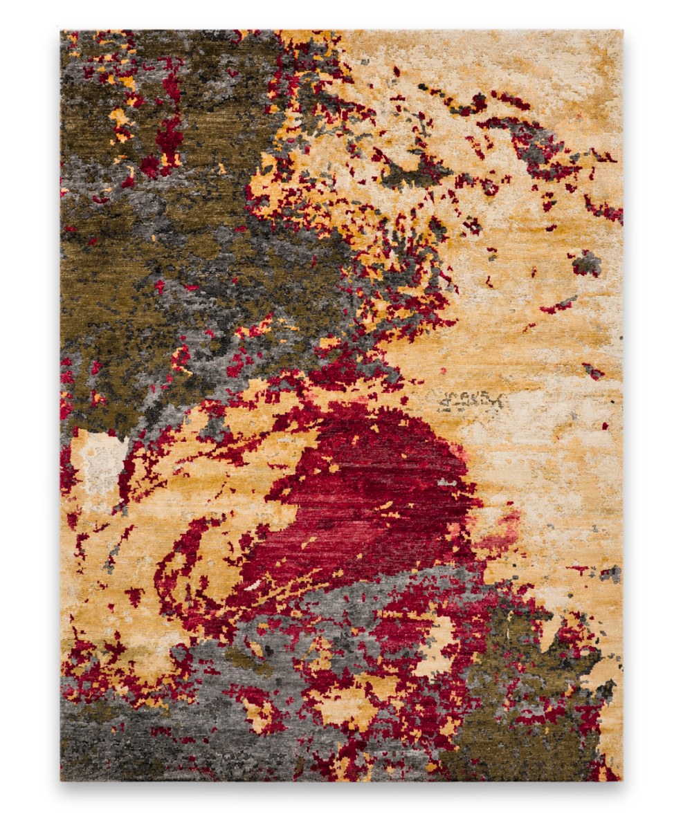 Fauve hand knotted New Zealand wool and viscose carpet in gold, red and olive