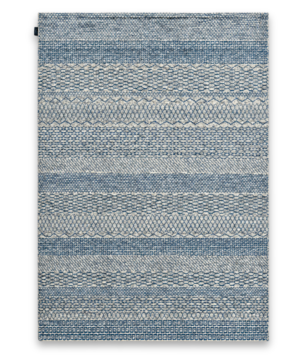Fez hand knotted New Zealand wool carpet in blue and ivory