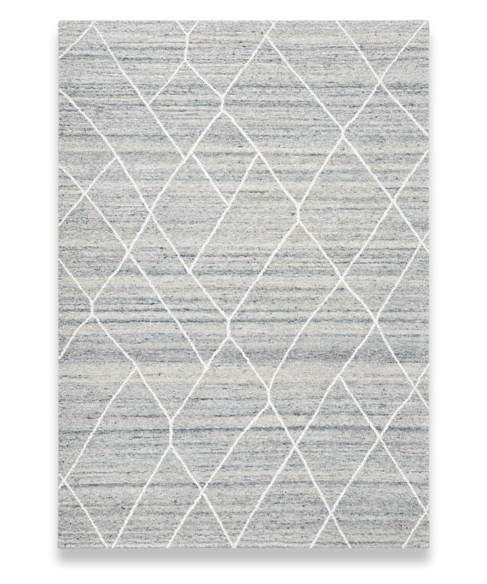 Flint hand tufted handspun wool carpet with an ivory diamond trellis on blue-grey marl