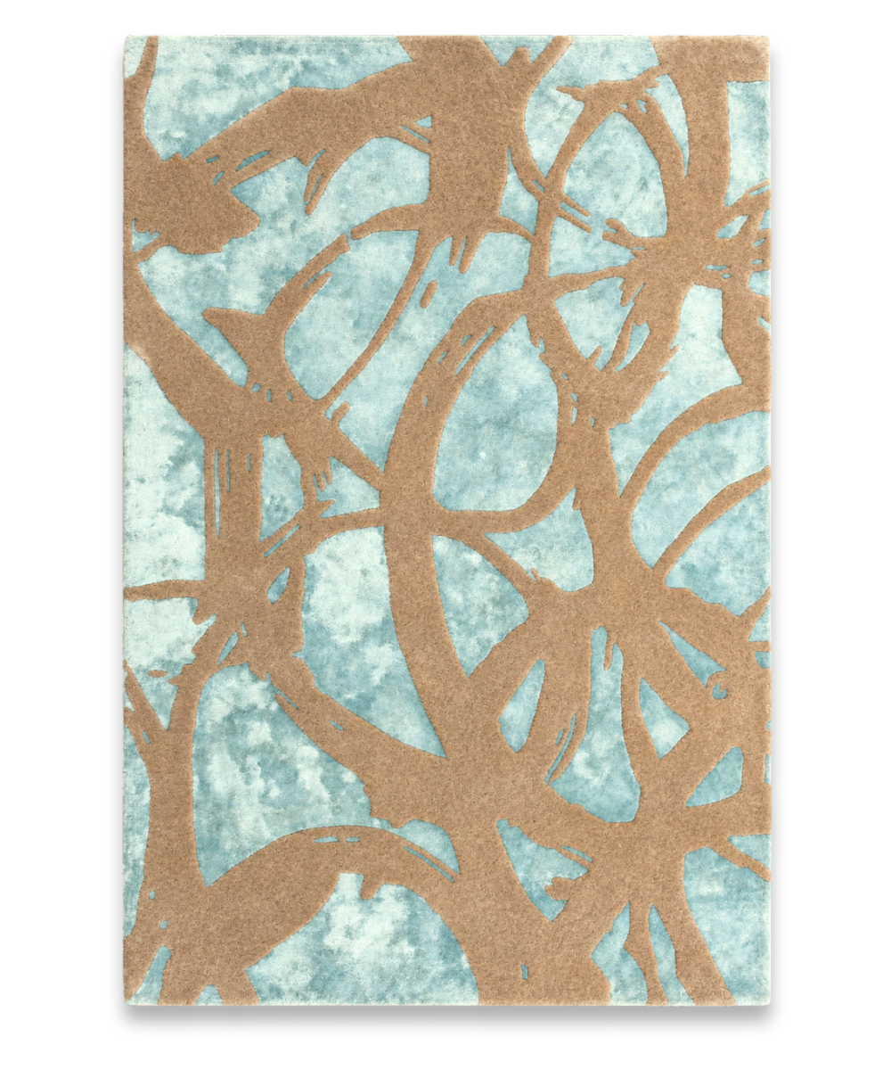 Gesture hand tufted wool and bamboo silk carpet with sand brushstrokes on aqua