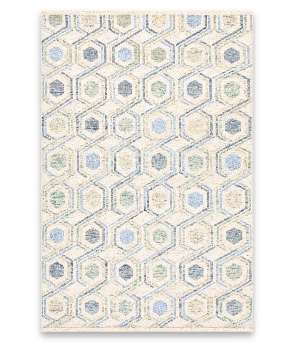 Honeycomb hand knotted New Zealand wool carpet in ivory, blue and sage