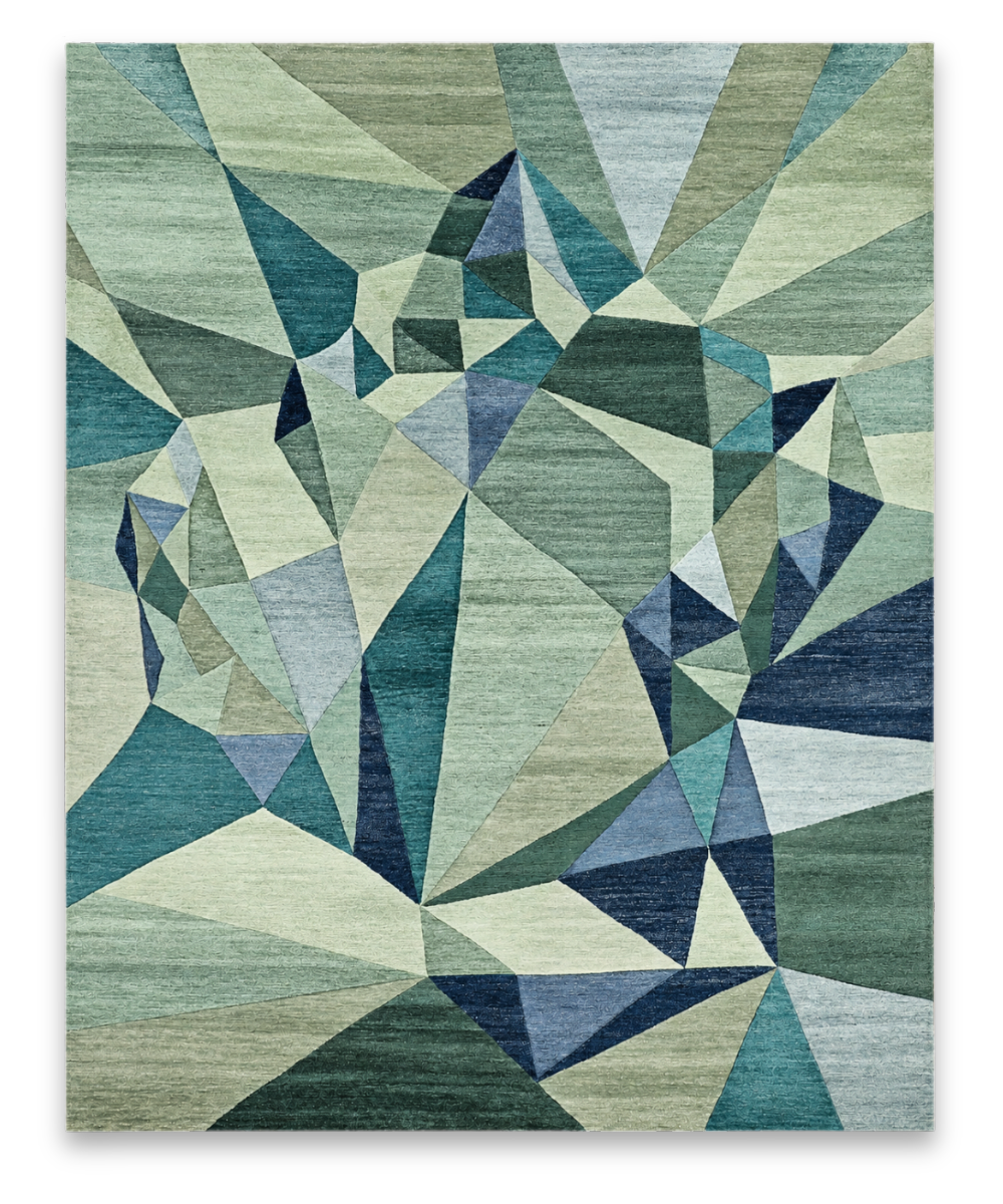 Jade hand knotted New Zealand wool and viscose carpet in green, teal and navy