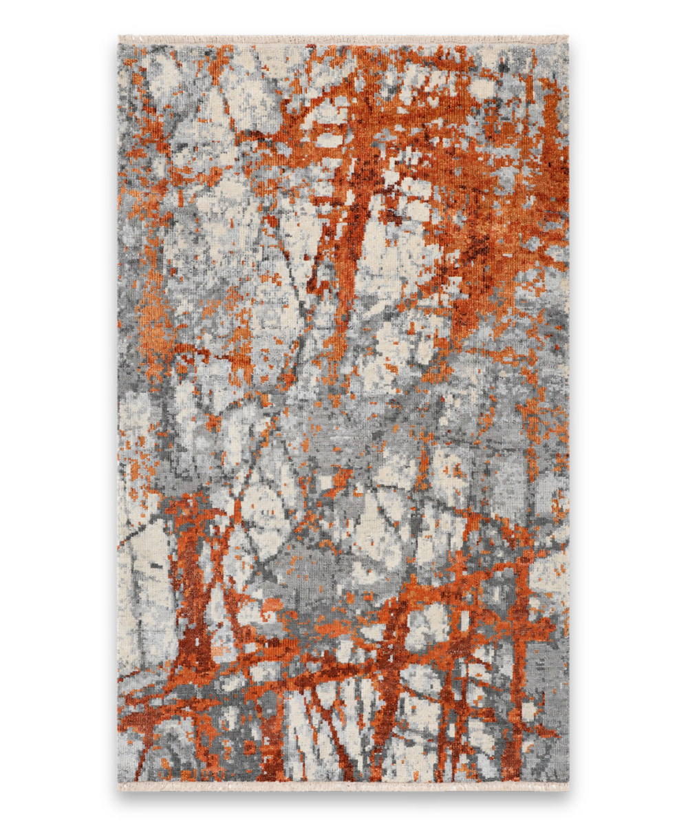 Kindling hand knotted New Zealand wool and viscose carpet in grey and rust