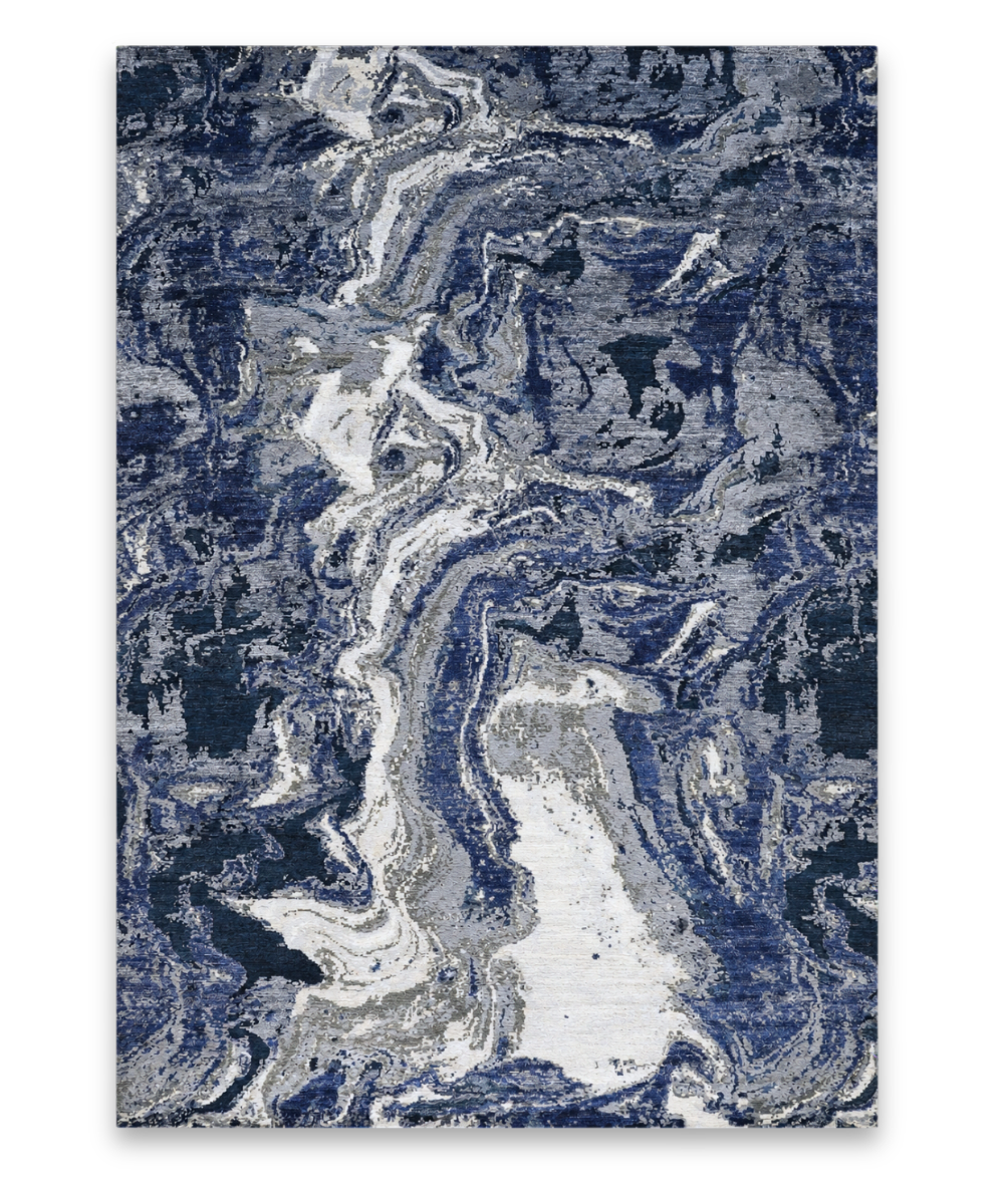 Marble hand knotted New Zealand wool and viscose carpet in navy and grey